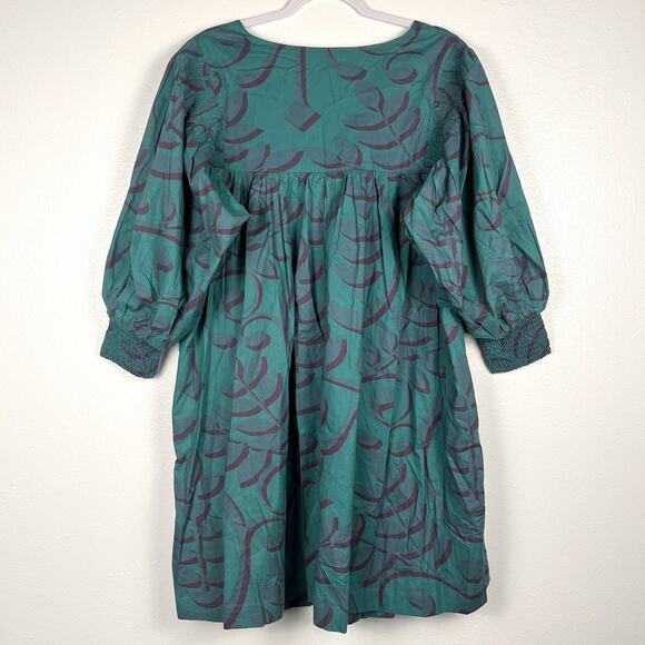 NWT Anthropologie 1X Nerina Puff Sleeve Teal Printed Boho Tunic Shift Dress - Picture 6 of 6